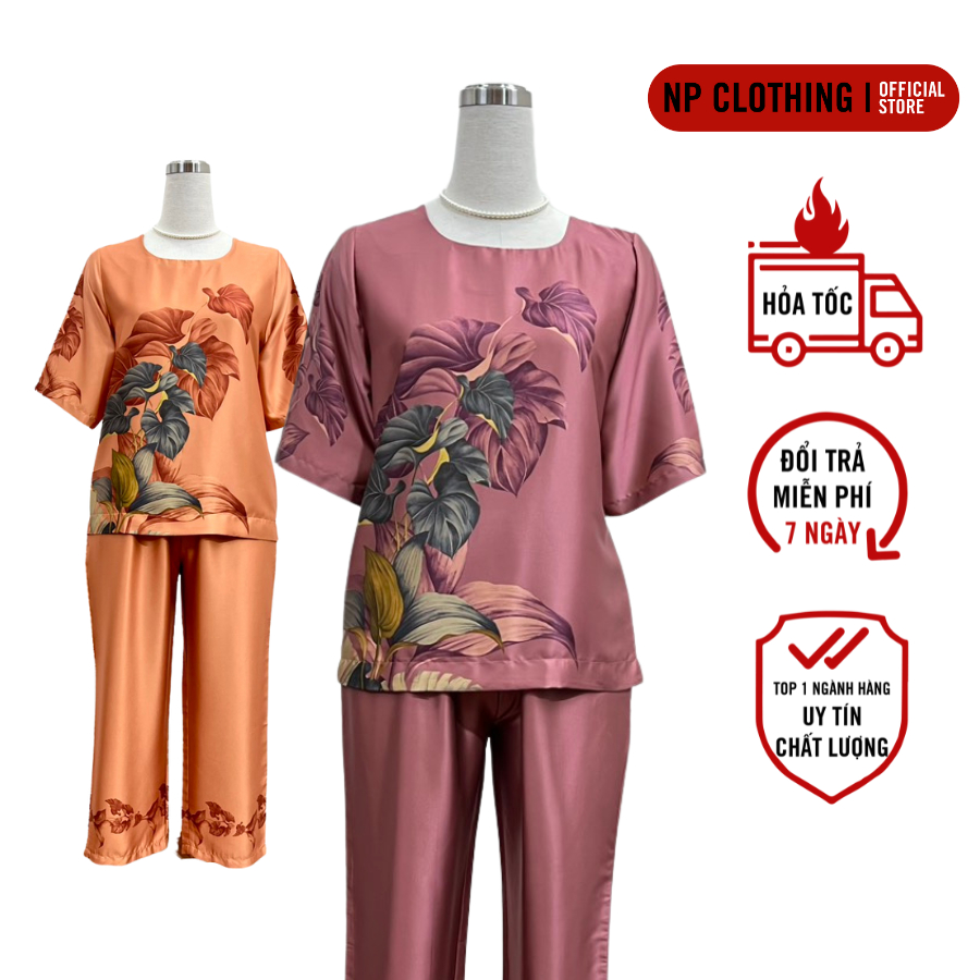 Bộ Trung Niên Nữ, Set Quần Áo Lụa Cổ Tròn Ngắn Tay Quần 9 Tấc In Hoa 3D Sang Trọng | Thời Trang NP Clothing U60
