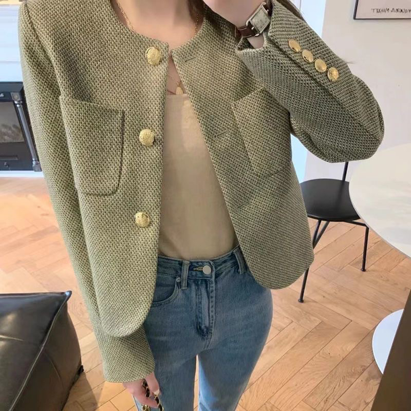 -Áo khoác nữ cổ tròn thiết kế kiểu Pháp thu đông 2023-Mới