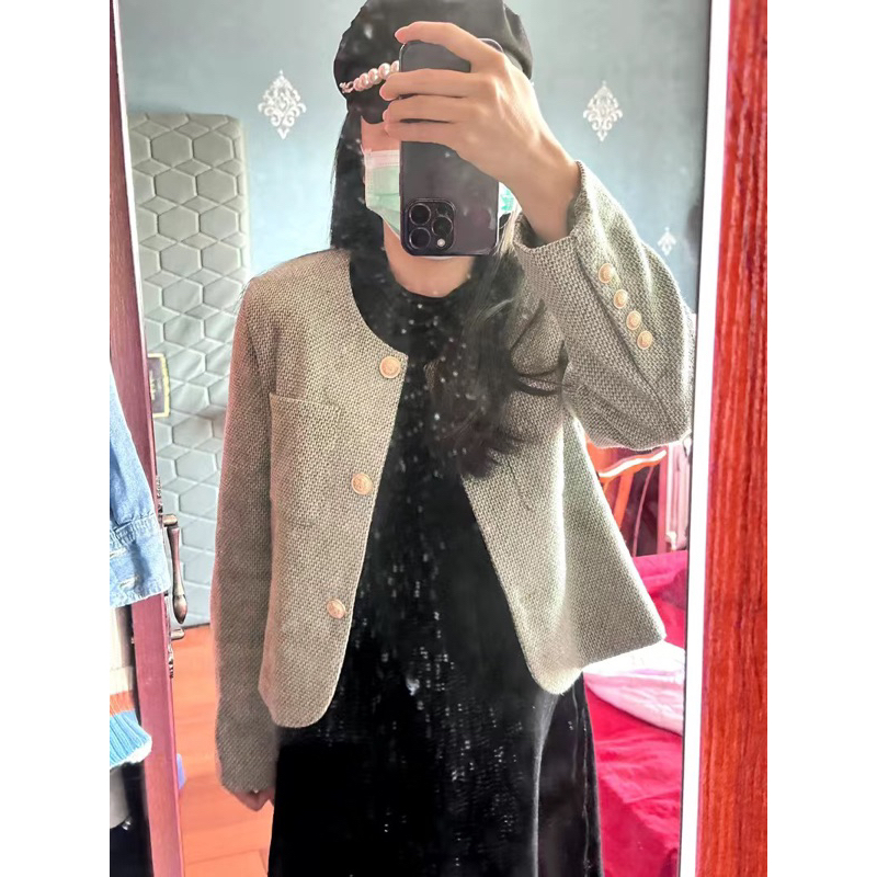 -Áo khoác nữ cổ tròn thiết kế kiểu Pháp thu đông 2023-Mới