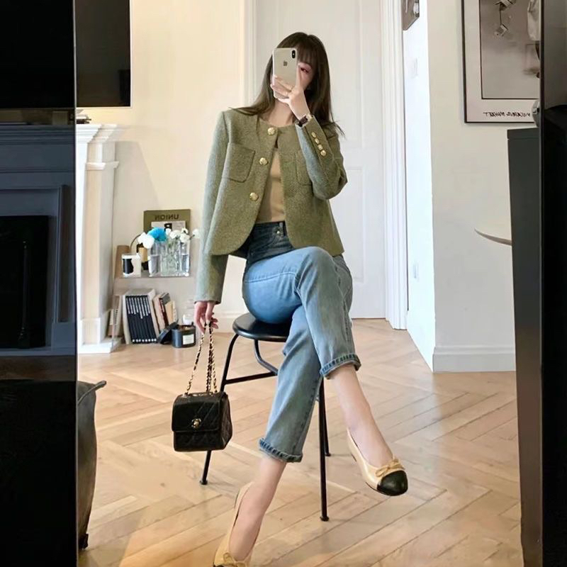 -Áo khoác nữ cổ tròn thiết kế kiểu Pháp thu đông 2023-Mới