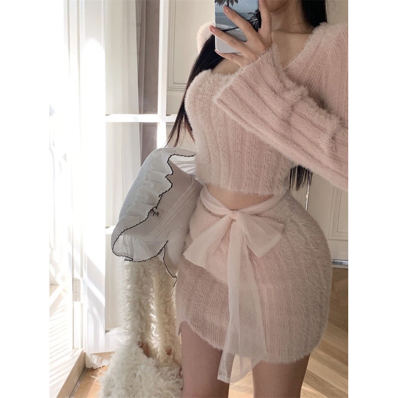 Set len lông thỏ body thắt nơ hàng quảng châu cao cấp