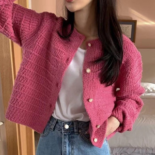 Áo khoác len cardigan dáng vừa 3 màu nâu be hồng QC