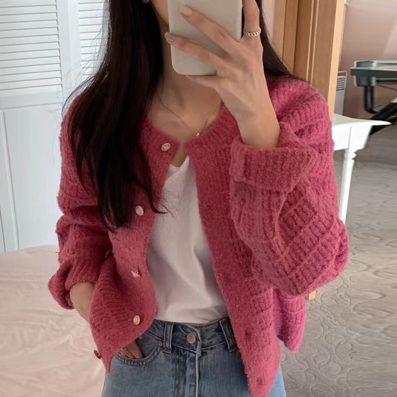 Áo khoác len cardigan dáng vừa 3 màu nâu be hồng QC