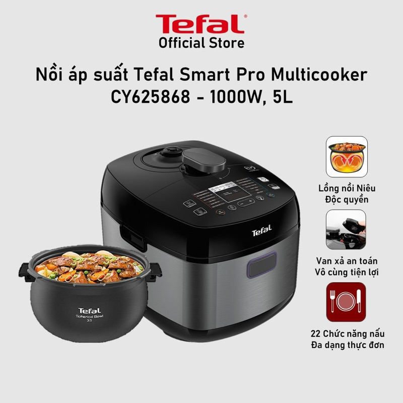Nồi áp suất Tefal Smart Pro Multicooker CY625868 - 1000W, 5L - Lòng nồi Niêu cao cấp - Đa dạng chức năng