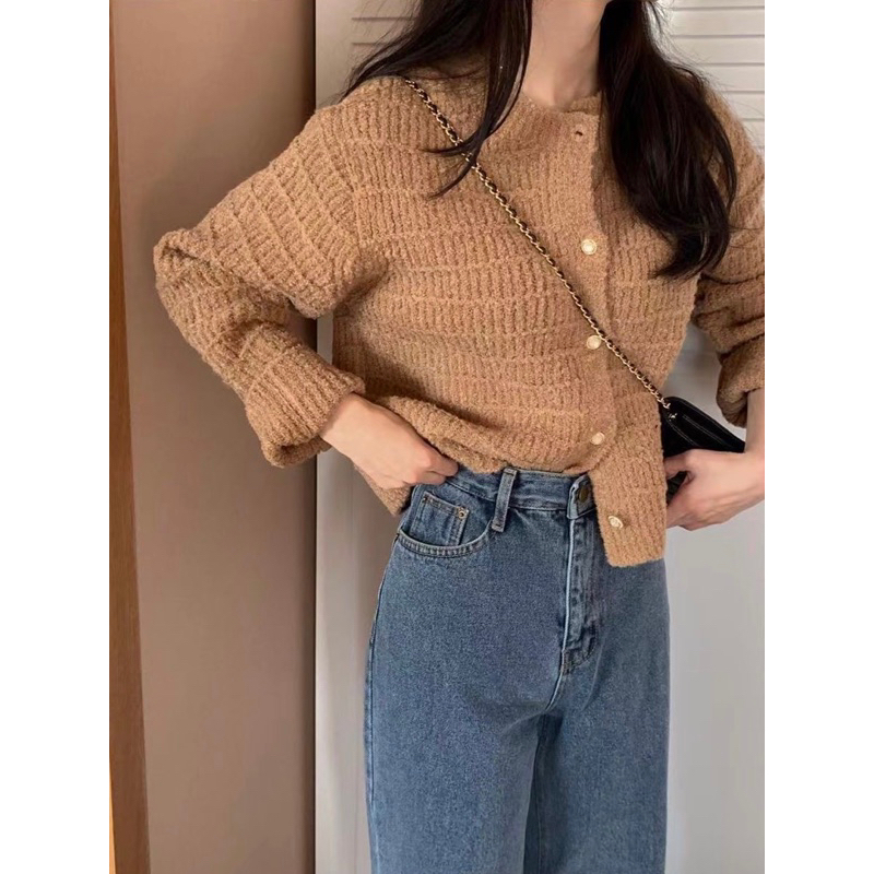 Áo khoác len cardigan dáng vừa 3 màu nâu be hồng QC