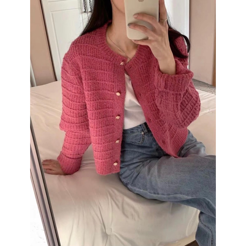 Áo khoác len cardigan dáng vừa 3 màu nâu be hồng QC