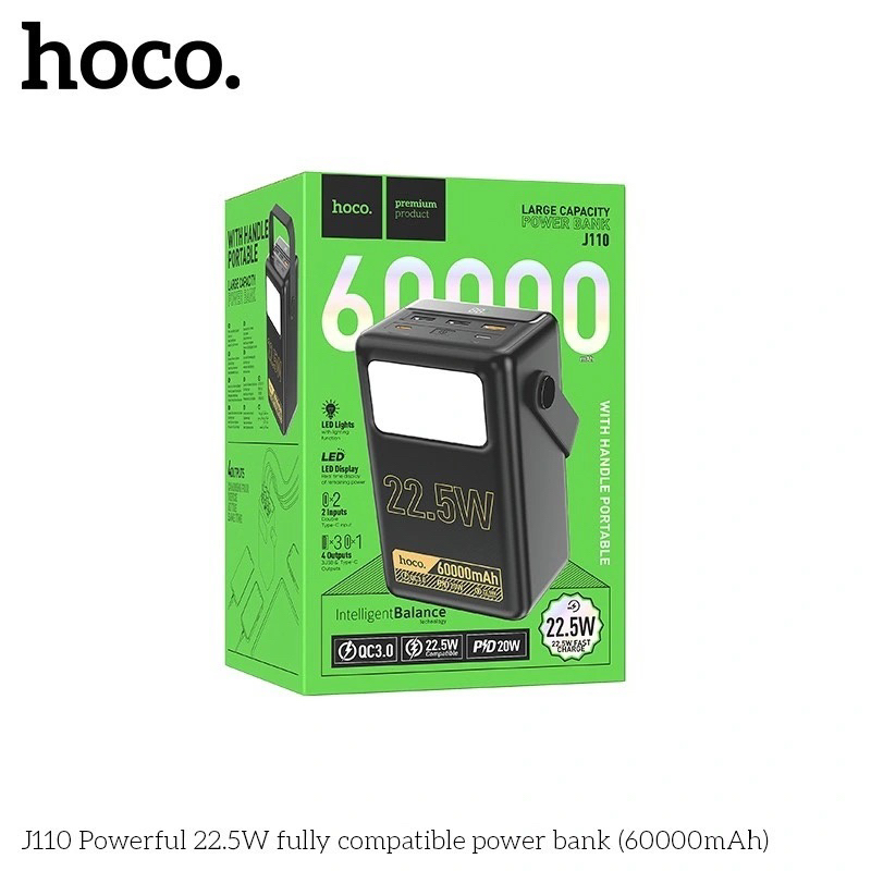 Pin dự phòng KACOCON HO CO J110 60000mAh QC 22.5W và PD 20W, có đèn led siêu sáng