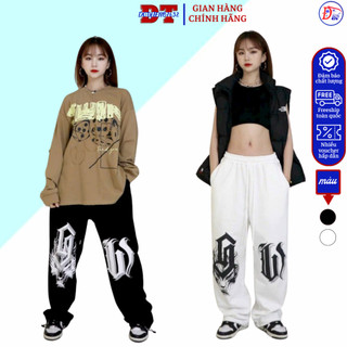 (Sẵn đủ size) Quần jogger trắng đen suông ống rộng rút dây gấu in chữ 2 bên hiphop sexy dance Hàn Quốc - DTB
