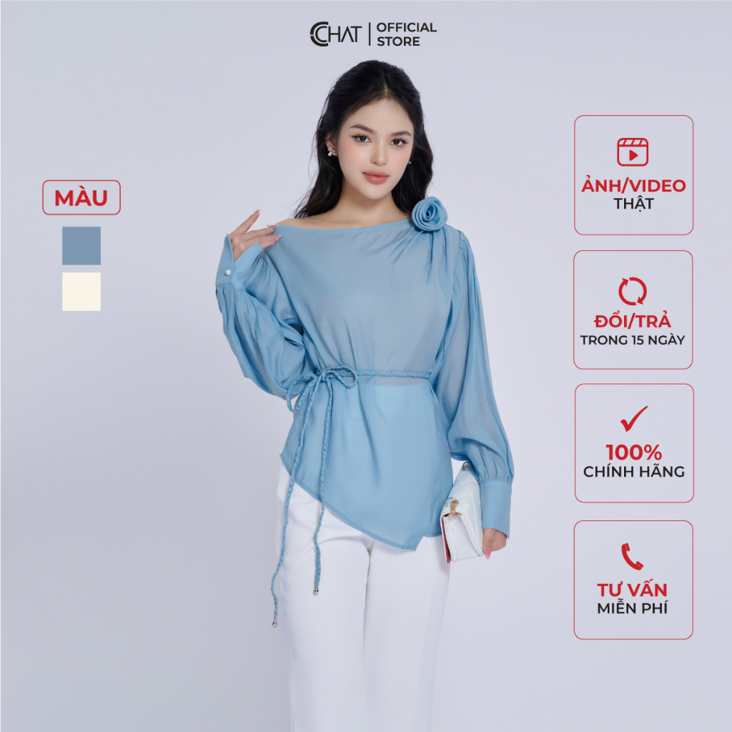 Áo Kiểu Nữ 𝐂𝐂𝐇𝐀𝐓 Lệch Vai Tay Bồng Dáng Suông Chất Voan Cao Cấp 53ADV2014ST