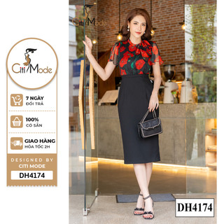 Đầm công sở CITI MODE FASHION thiết kế dáng ôm hoa đỏ phối chân váy đen DH4174