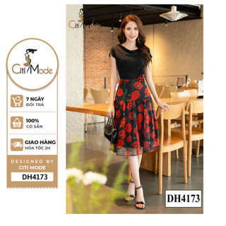 Đầm công sở CITI MODE FASHION thiết kế dáng xoè đen phối chân váy hoa đỏ DH4173