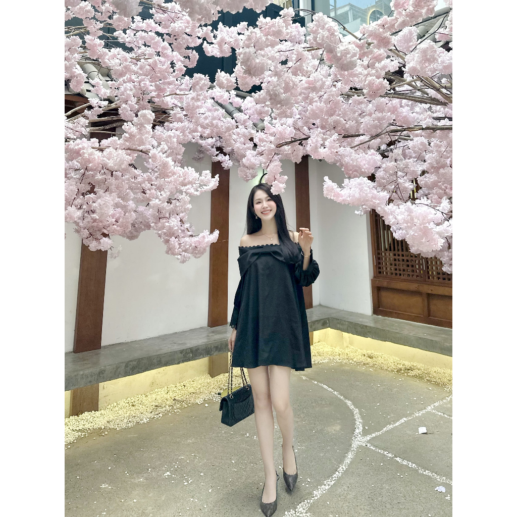Jiny Dress váy xinh trễ vai phối viền ren hoạ tiết nơ AGUJA