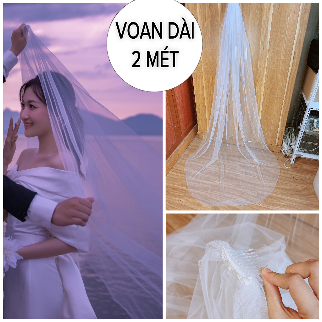 Voan Lúp Cô Dâu Voan Trơn Đội Đầu Dài 2 Mét Có Xược Cài [Voan Mềm Loại 1]