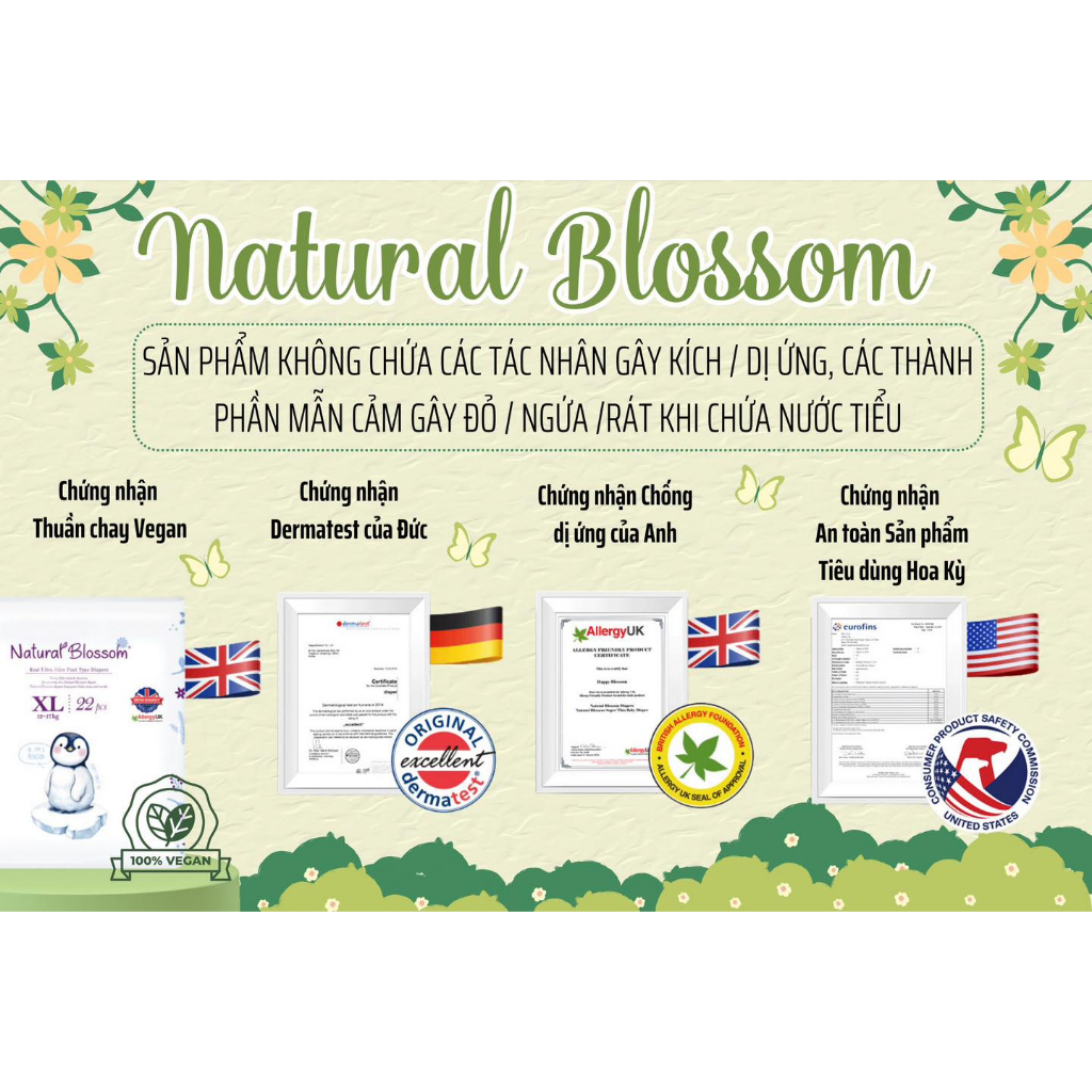 Bỉm dán/quần Natural Blossom nội địa Hàn Quốc Size NB30/S30/M26/L24/XL22/XXL20/XXXL18 dành cho bé da nhạy cảm