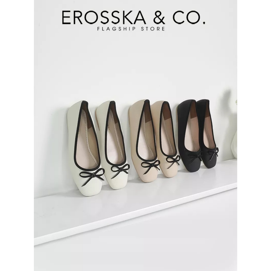 Erosska - Giày búp bê nữ đế bệt kiểu dáng đơn giản gắn nơ màu trắng cao 2cm _ EF017