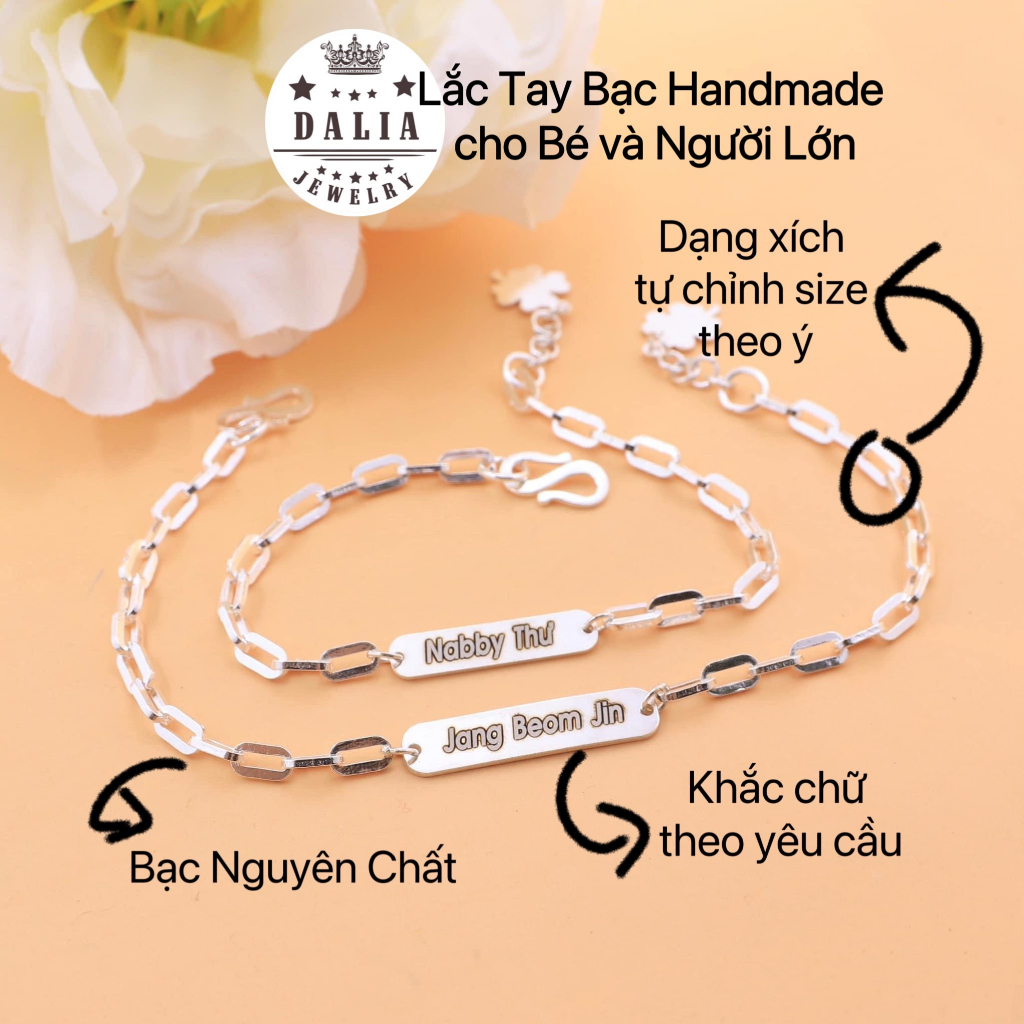 Lắc tay bạc thật thiết kế theo yêu cầu cho bé và người lớn DaLiA Jewelry vòng tay dạng xích khắc tên theo yêu cầu