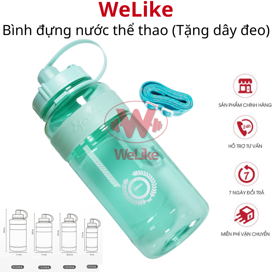 Bình đựng nước thể thao Welike (Tặng dây đeo) - Bình nước có vòi chia vạch 600 1000 1500 2000ml tập gym nhựa PC an toàn