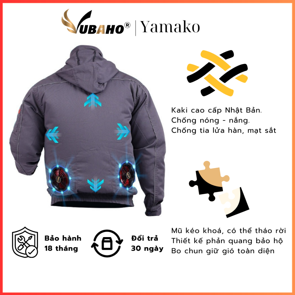 Áo Quạt điều hoà Nhật Bản YAMAKO, Áo quạt điều hoà có mũ Áo bảo hộ lao động, bảo hành 18 tháng - Màu ghi tối