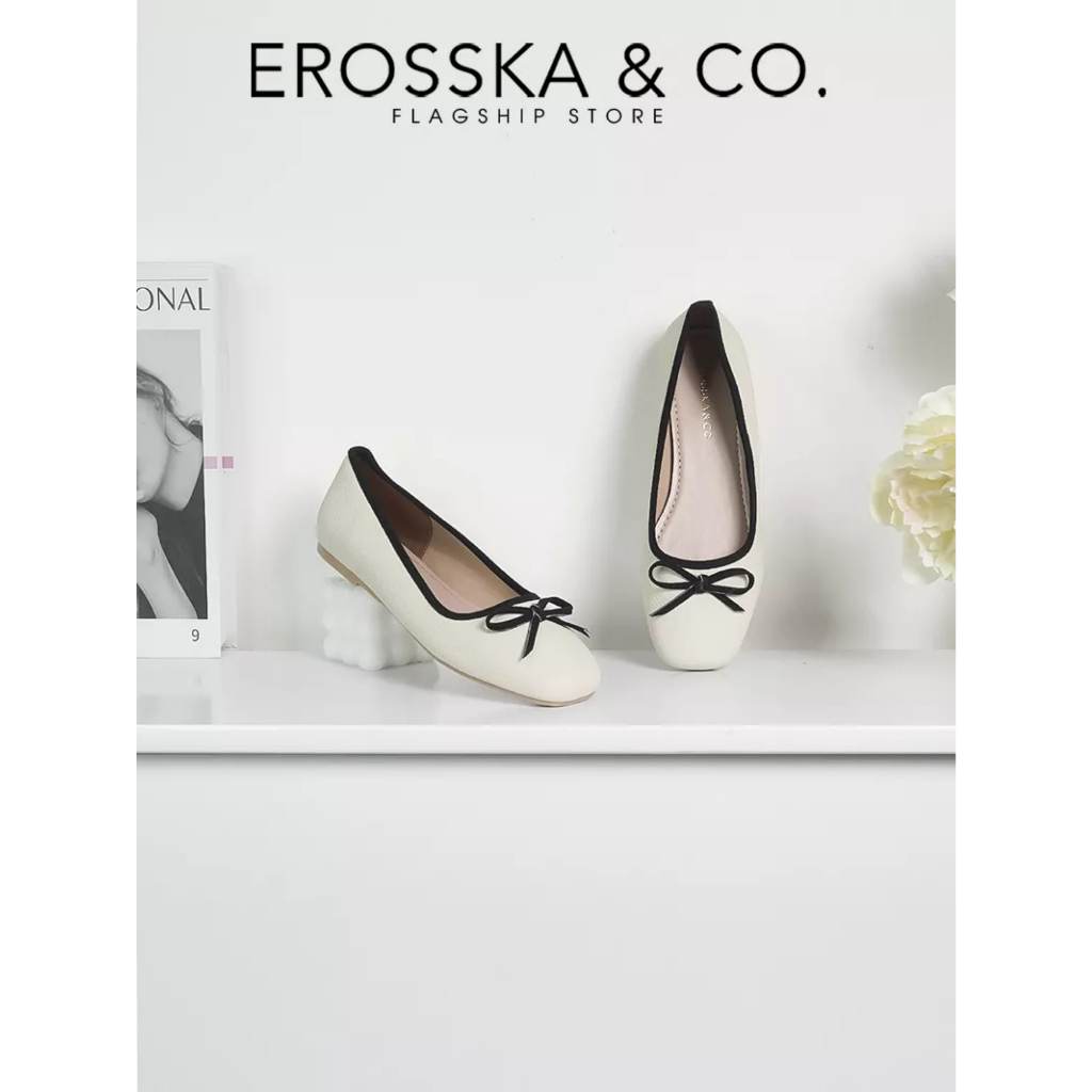 Erosska - Giày búp bê nữ đế bệt kiểu dáng đơn giản gắn nơ màu trắng cao 2cm _ EF017