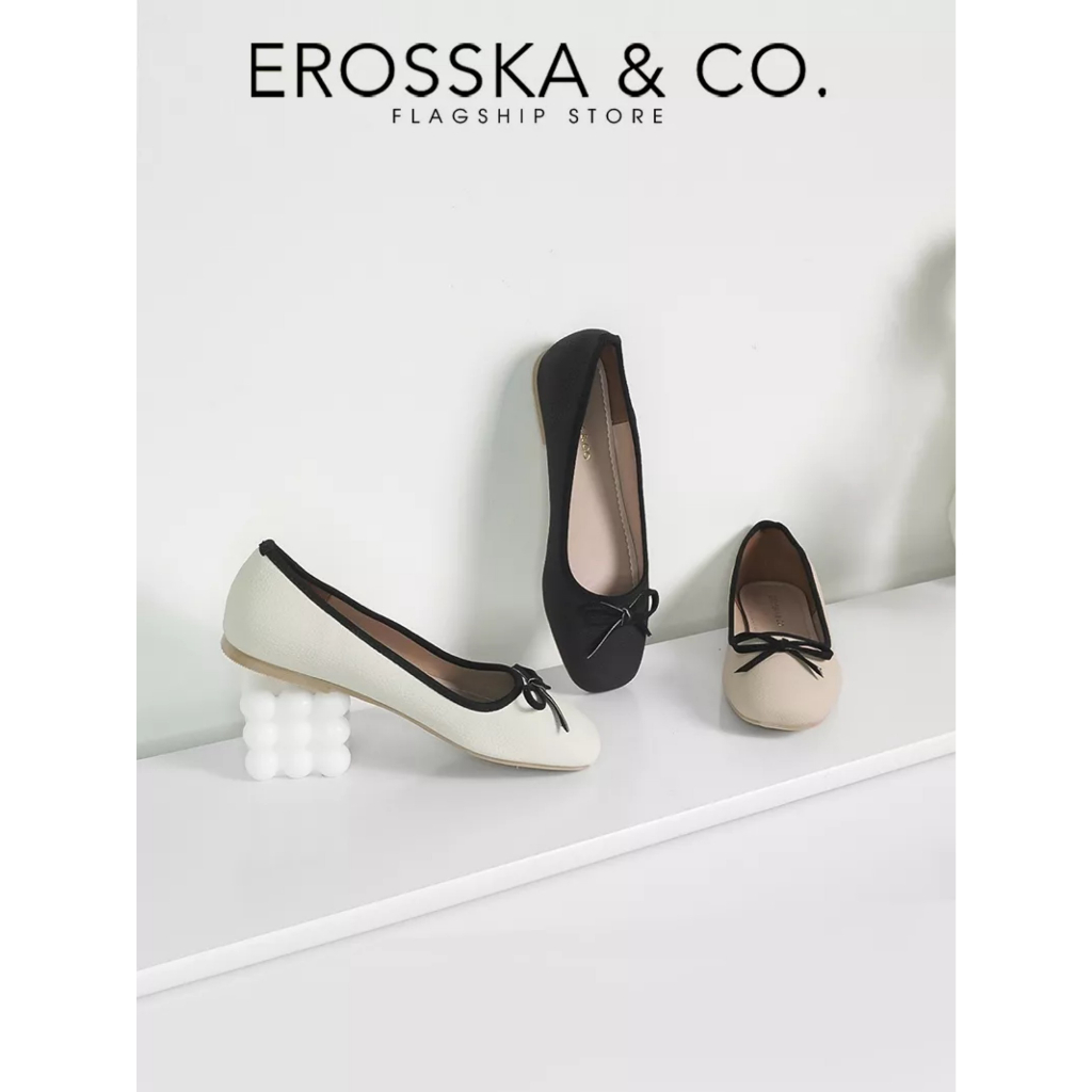 Erosska - Giày búp bê nữ đế bệt kiểu dáng đơn giản gắn nơ màu trắng cao 2cm _ EF017