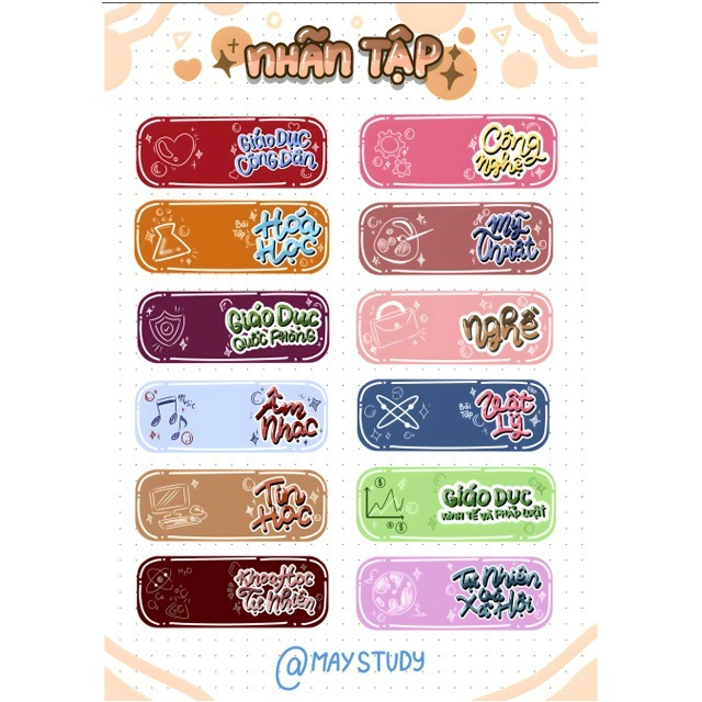 Sticker Nhãn Vở Môn Học, Phân Trang Môn Học