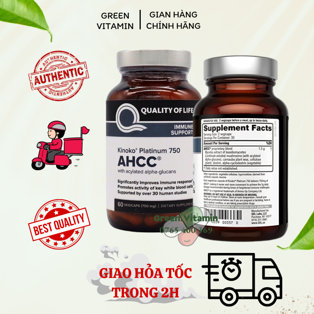AHCC KINOKO PLATINUM 750mg - Viên Uống Tăng Cường Hệ Miễn Dịch, Diệt HPV 60 viên