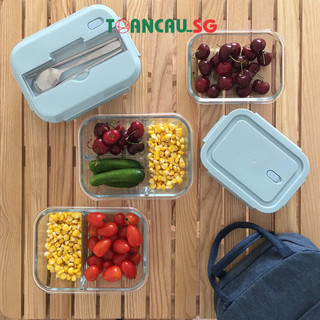 Hộp cơm thủy tinh chia ngăn 1 - 2 -  3 ngăn dùng lò vi sóng chống tràn Hộp đựng cơm muỗng đũa inox