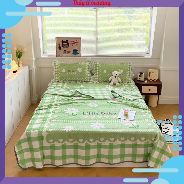Chiếu điều hòa cao su non 5D viền bèo kèm chăn thun lạnh, chiếu cao su non latex bọc chun đệm thiết kế viền bèo cao cấp