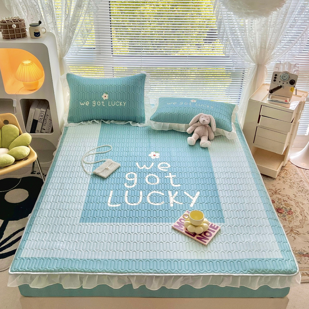 Chiếu điều hòa cao su non latex viền bèo bọc đệm kèm chăn thun lạnh, set 4 món chiếu cao su non 5D ren ngắn nhập khẩu
