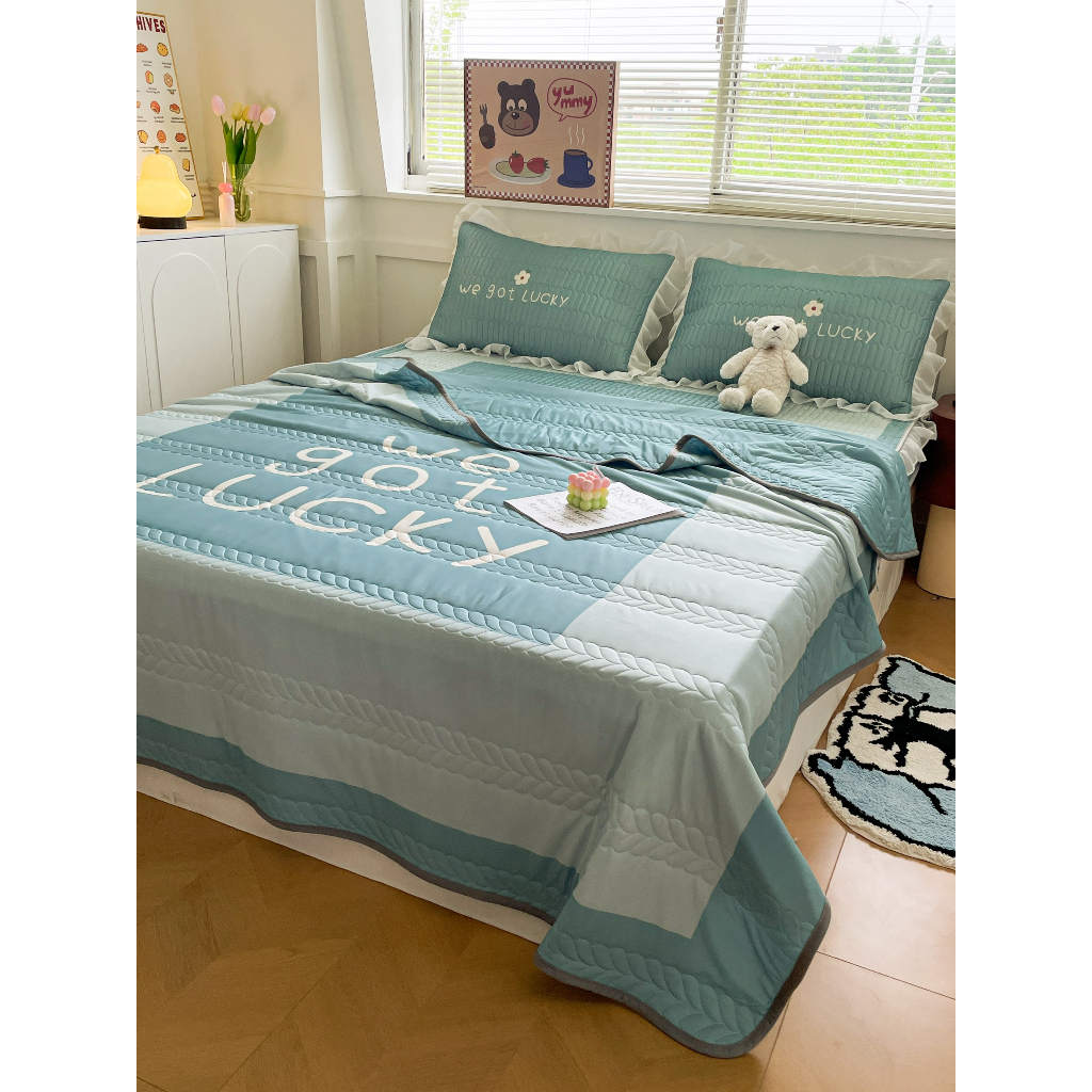 Chiếu điều hòa cao su non latex viền bèo bọc đệm kèm chăn thun lạnh, set 4 món chiếu cao su non 5D ren ngắn nhập khẩu