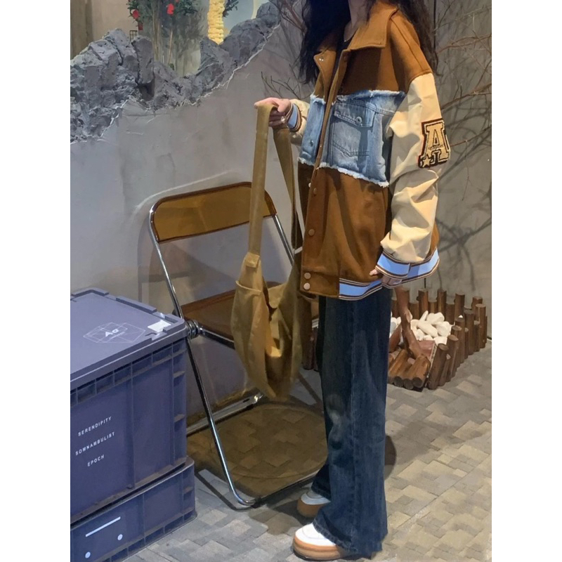 Áo khoác bóng chày Bapuel chất dạ cao cấp phối jeans 2 màu nâu và đen