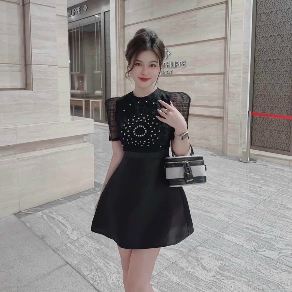 Đầm dự tiệc tafta phối ren đá thiết kế sang chảnh