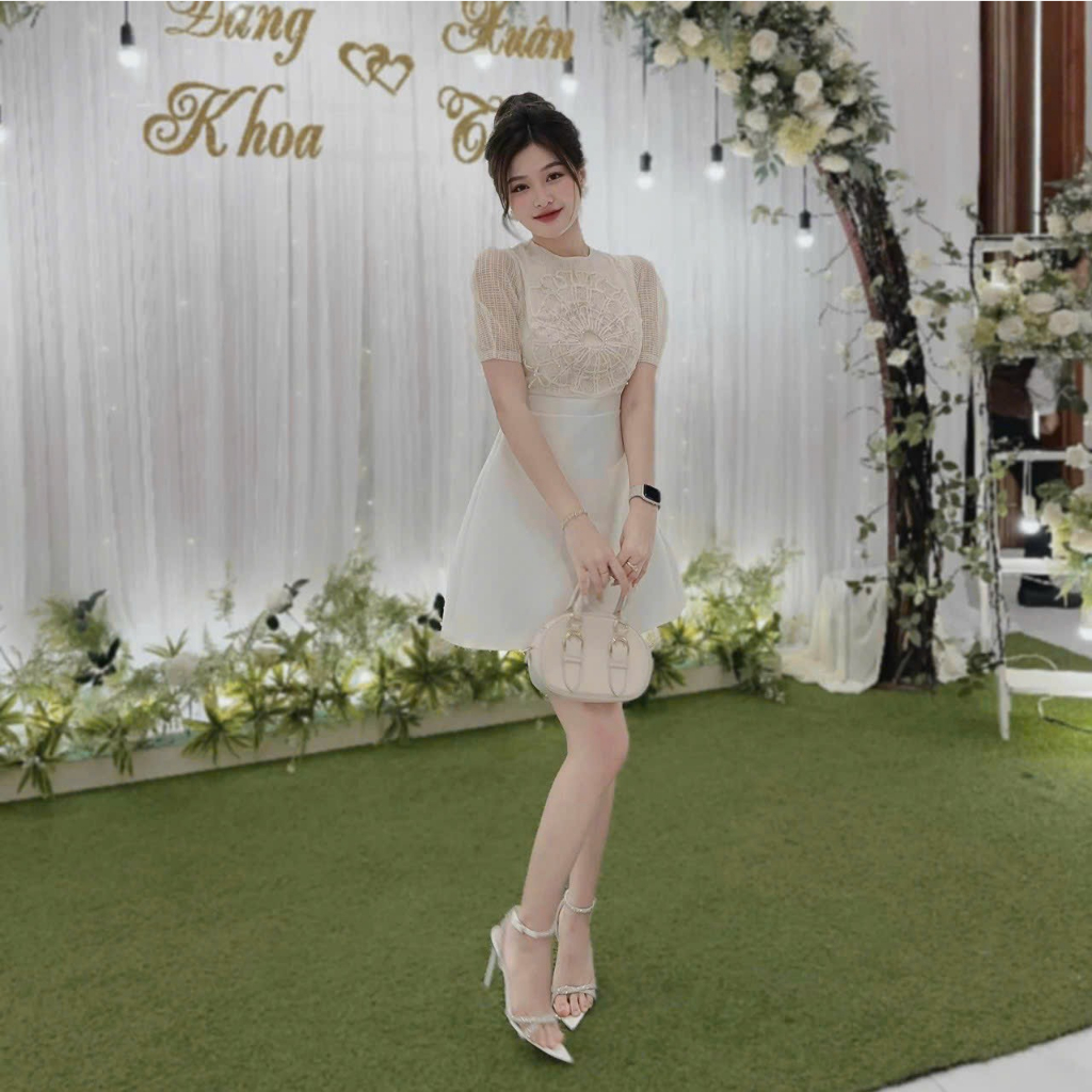 Đầm dự tiệc tafta phối ren đá thiết kế sang chảnh