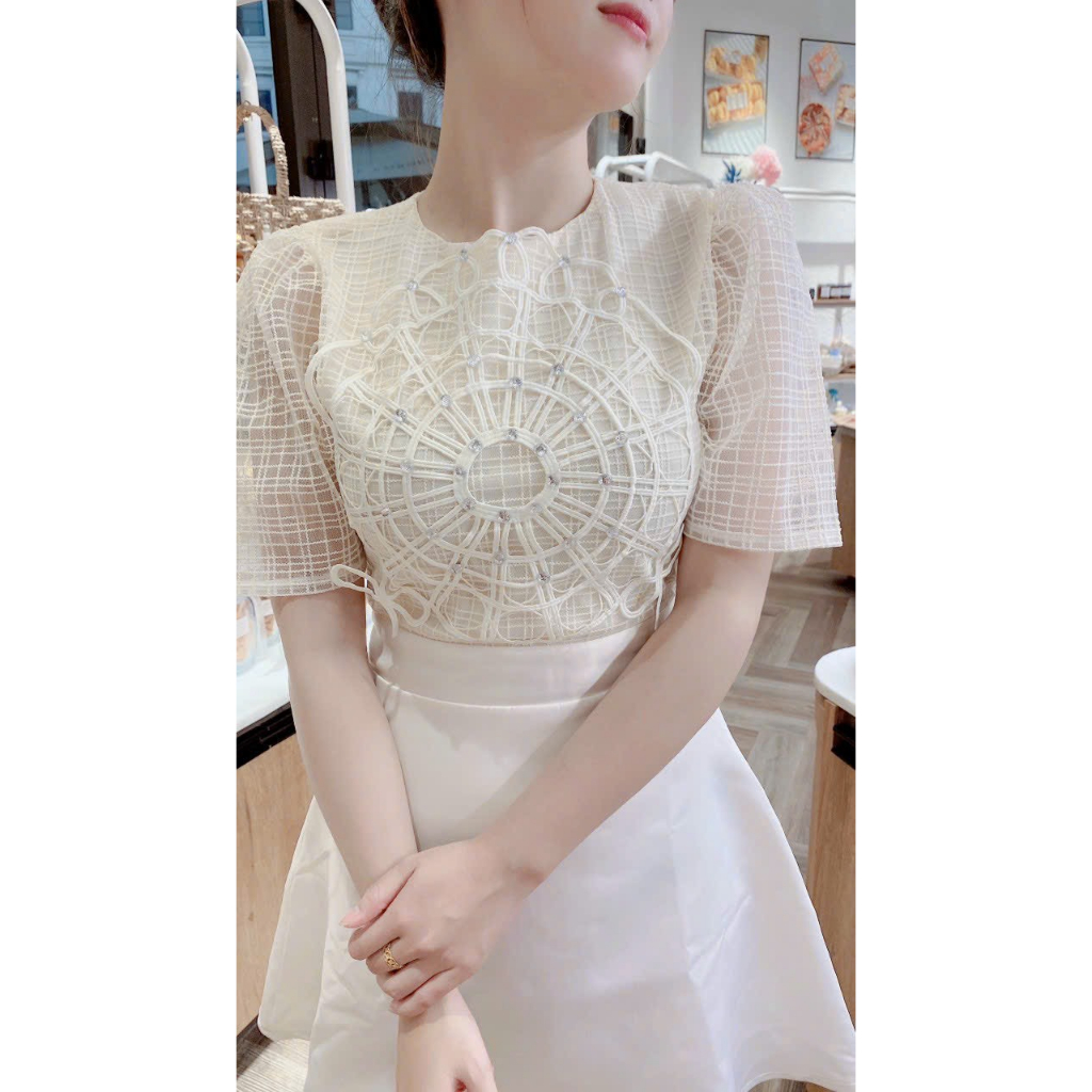 Đầm dự tiệc tafta phối ren đá thiết kế sang chảnh