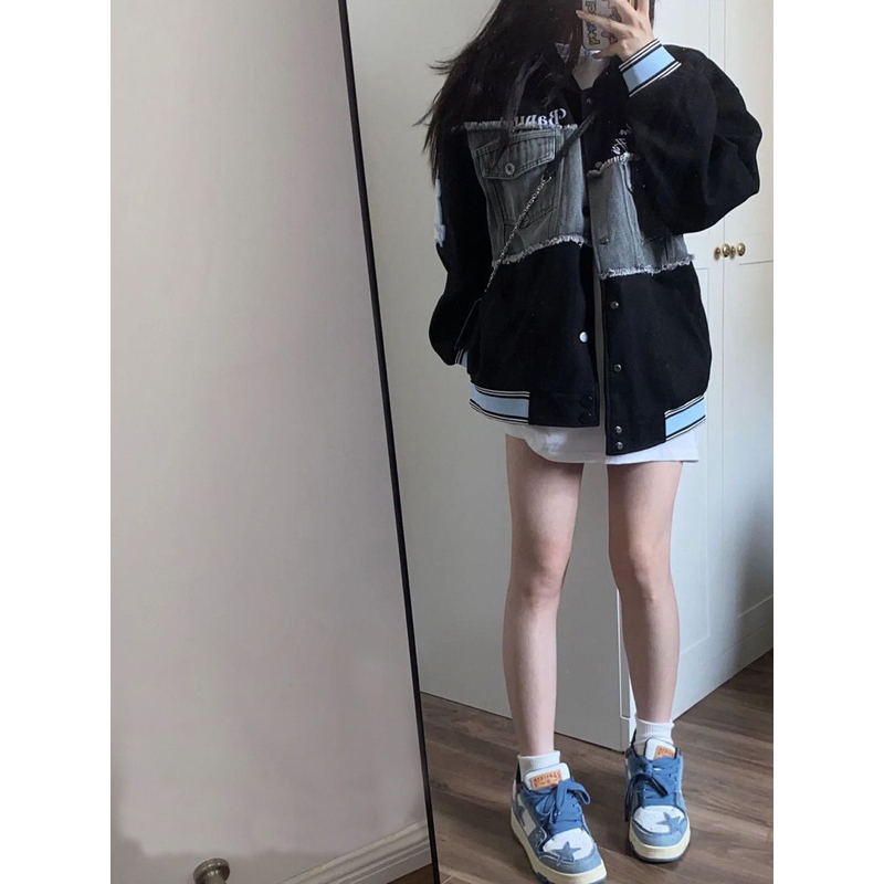 Áo khoác bóng chày Bapuel chất dạ cao cấp phối jeans 2 màu nâu và đen