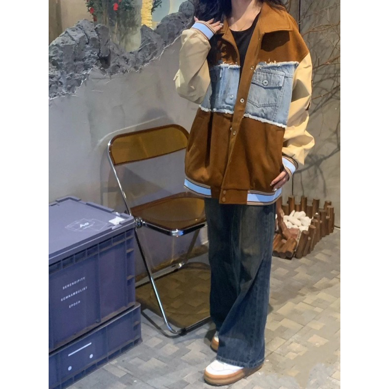 Áo khoác bóng chày Bapuel chất dạ cao cấp phối jeans 2 màu nâu và đen
