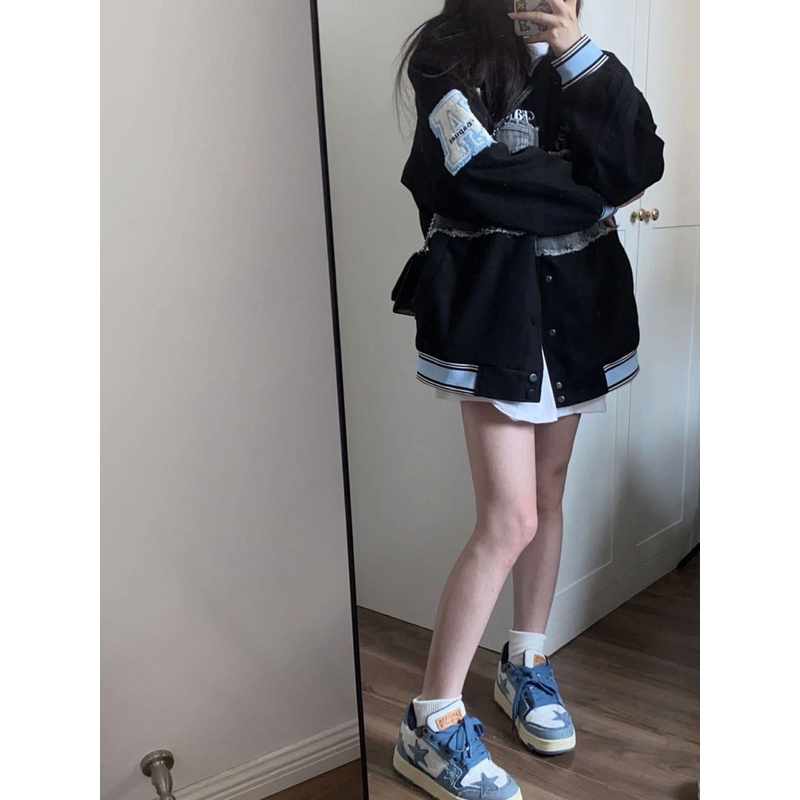 Áo khoác bóng chày Bapuel chất dạ cao cấp phối jeans 2 màu nâu và đen