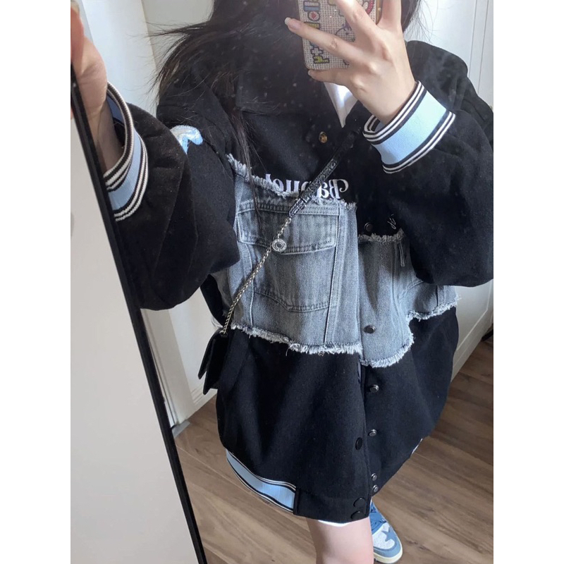 Áo khoác bóng chày Bapuel chất dạ cao cấp phối jeans 2 màu nâu và đen