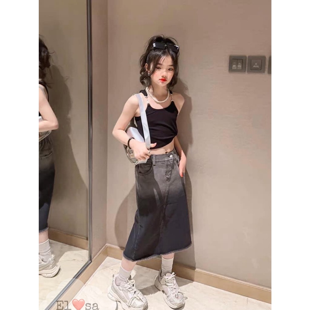Quần áo bé gái- Set ÁO 2 DÂY KÈM CHÂN VÁY BÒ Dáng Dài Siêu Xinh Cho Bé 1-8 Tuổi