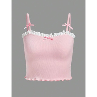 (Sẵn be S) Áo Croptop Hai Dây Viền Bèo Thun Gân Đính Nơ