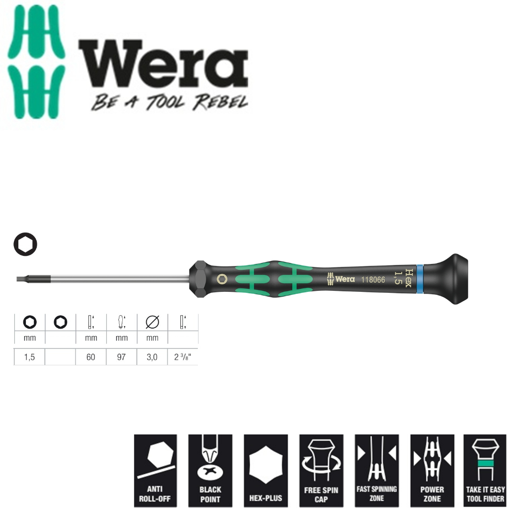 Tua vít điện tử đầu lục giác 1,5mm Wera 05118066001 2054 Hex-Plus 1,5 x 60 mm cho điện tử và cơ khí chính xác