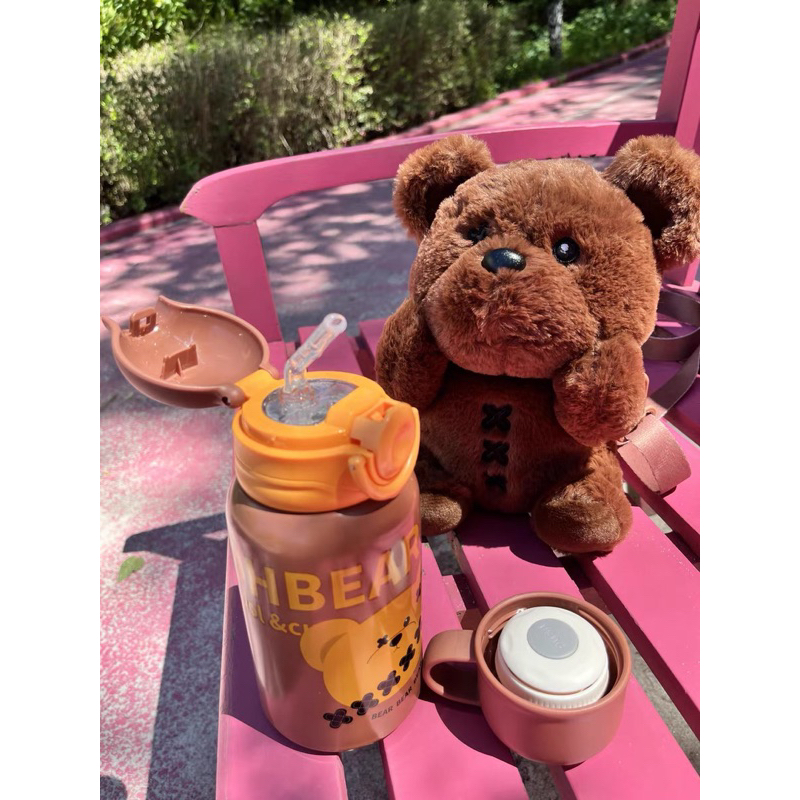 Bình nước giữ nhiệt kèm túi đeo / balo hình Gấu Bông Nâu tiện lợi đáng yêu dễ thương cao cấp