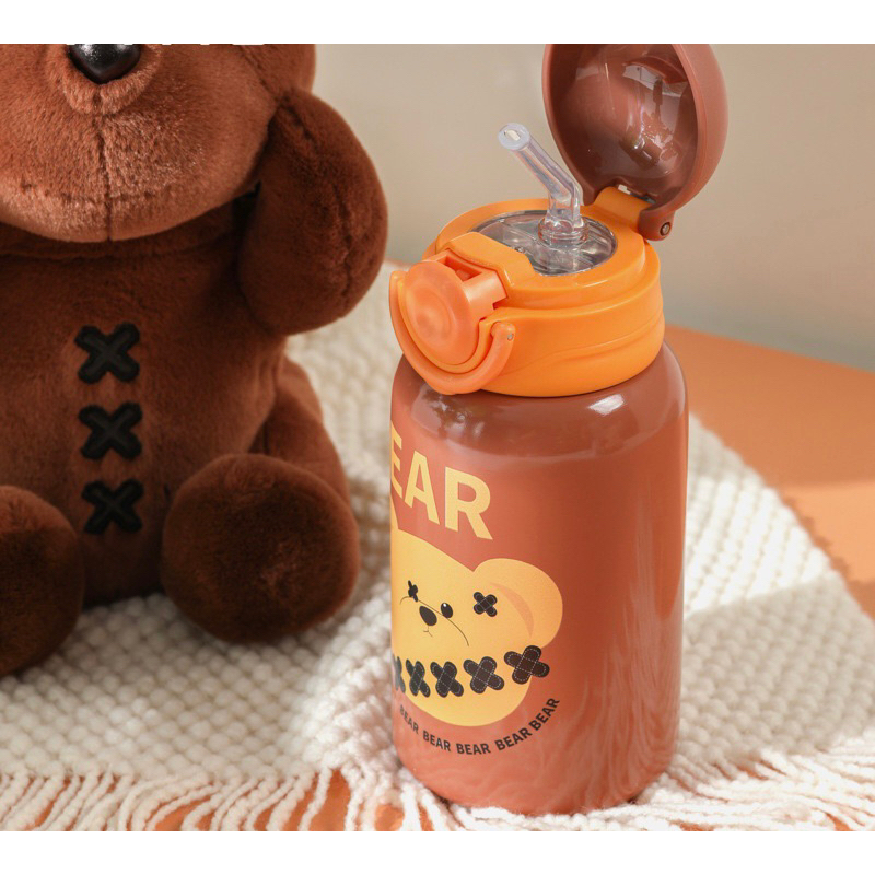 Bình nước giữ nhiệt kèm túi đeo / balo hình Gấu Bông Nâu tiện lợi đáng yêu dễ thương cao cấp