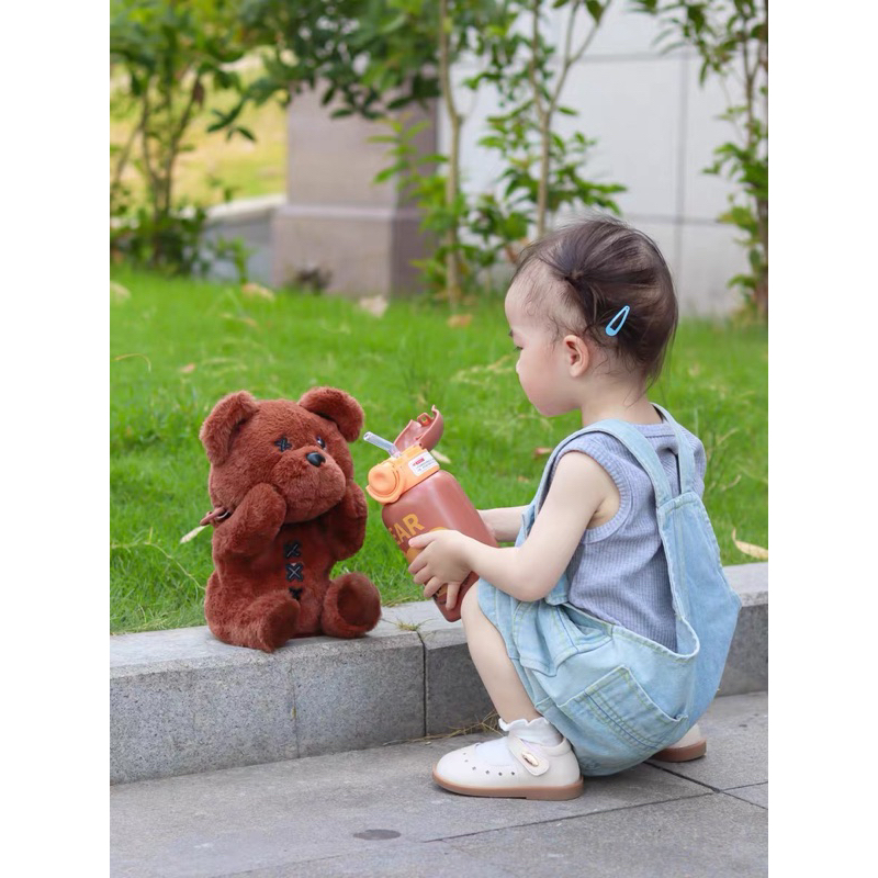Bình nước giữ nhiệt kèm túi đeo / balo hình Gấu Bông Nâu tiện lợi đáng yêu dễ thương cao cấp