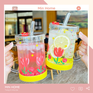 Cốc thuỷ tinh 1000ml có nắp và ống hút ly đẹp uống nước sinh tố mẫu mới quà tặng Minhome