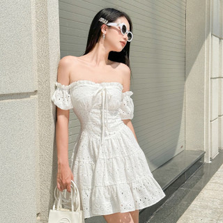 Đầm cúp ngực LYRA vải thô boi thêu ren nhún quanh hông tay lồng đèn rời phong cách trẻ trung, nữ tính -  LWNVD011