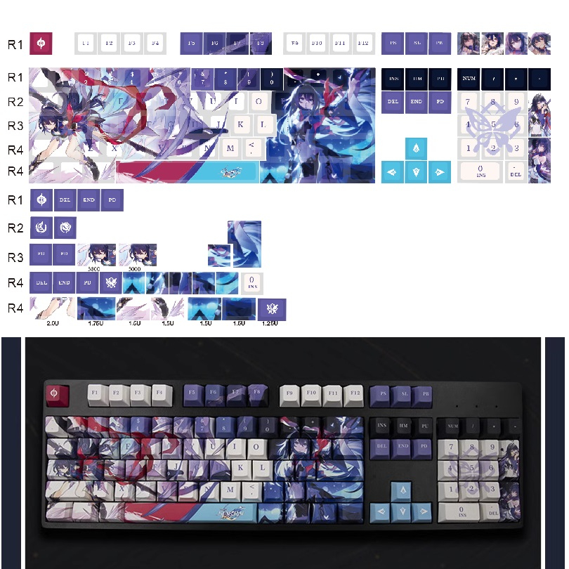 Keycap Honkai: Star Rail Seele thick PBT xuyên led in dyesub 5 mặt 135 phím anime layout keycaps Genshin Impact