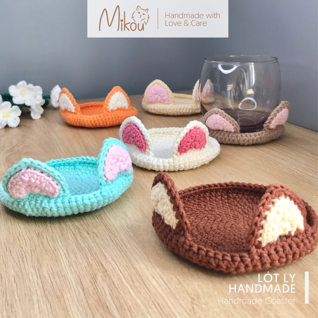 Lót ly móc len hình mèo dễ thương, mikou shop