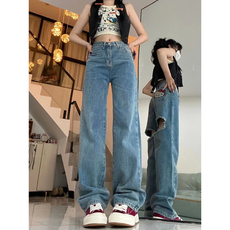 Hàng có sẵn - Quần Jean ống suông Hello Kitty màu xanh hoạ tiết rách hình thêu phong cách Hàn Quốc