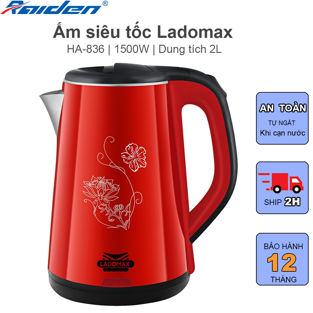 Ấm siêu tốc 2 lớp Ladomax HA-836 dung tích 2L, lòng ấm bằng inox 304, vỏ nhựa cách nhiệt an toàn cho gia đình có trẻ em